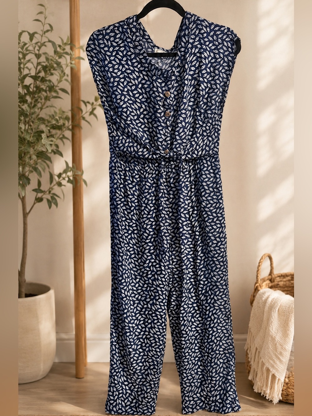 Elegant Blue Leaf Print Romper